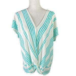 Lee Womens White Teal Striped Knot Twist-Front Top Size 3X